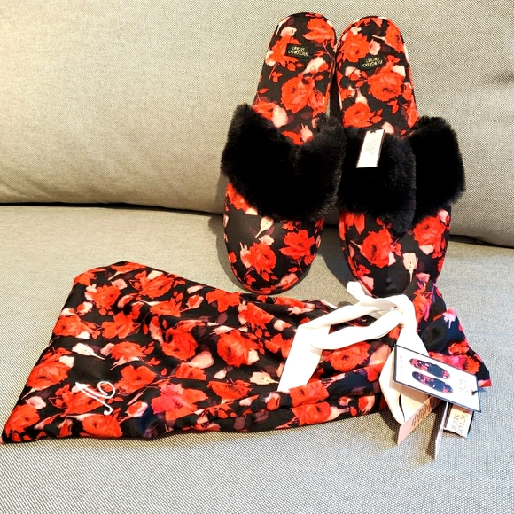 SOLD - VS Satin Slippers Black Rose with Faux Fur (NWT) - Picture 4 of 5